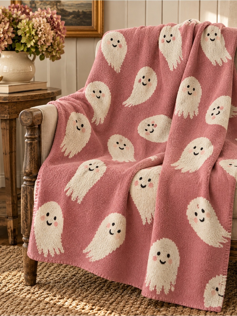 Pink Cotton Knit Ghost Throw Blanket – Halloween Cottage Decor